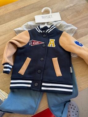 Badgley Mischka Navy & Tan Kids Letterman Jacket